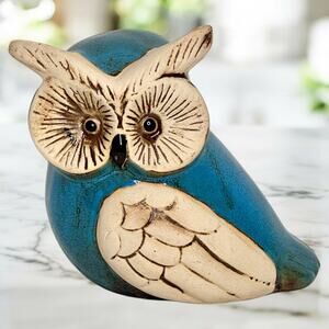 Handcrafted Ceramic 5” Owl Figurine Turquoise Rustic Folk Art Decor Nature Boho